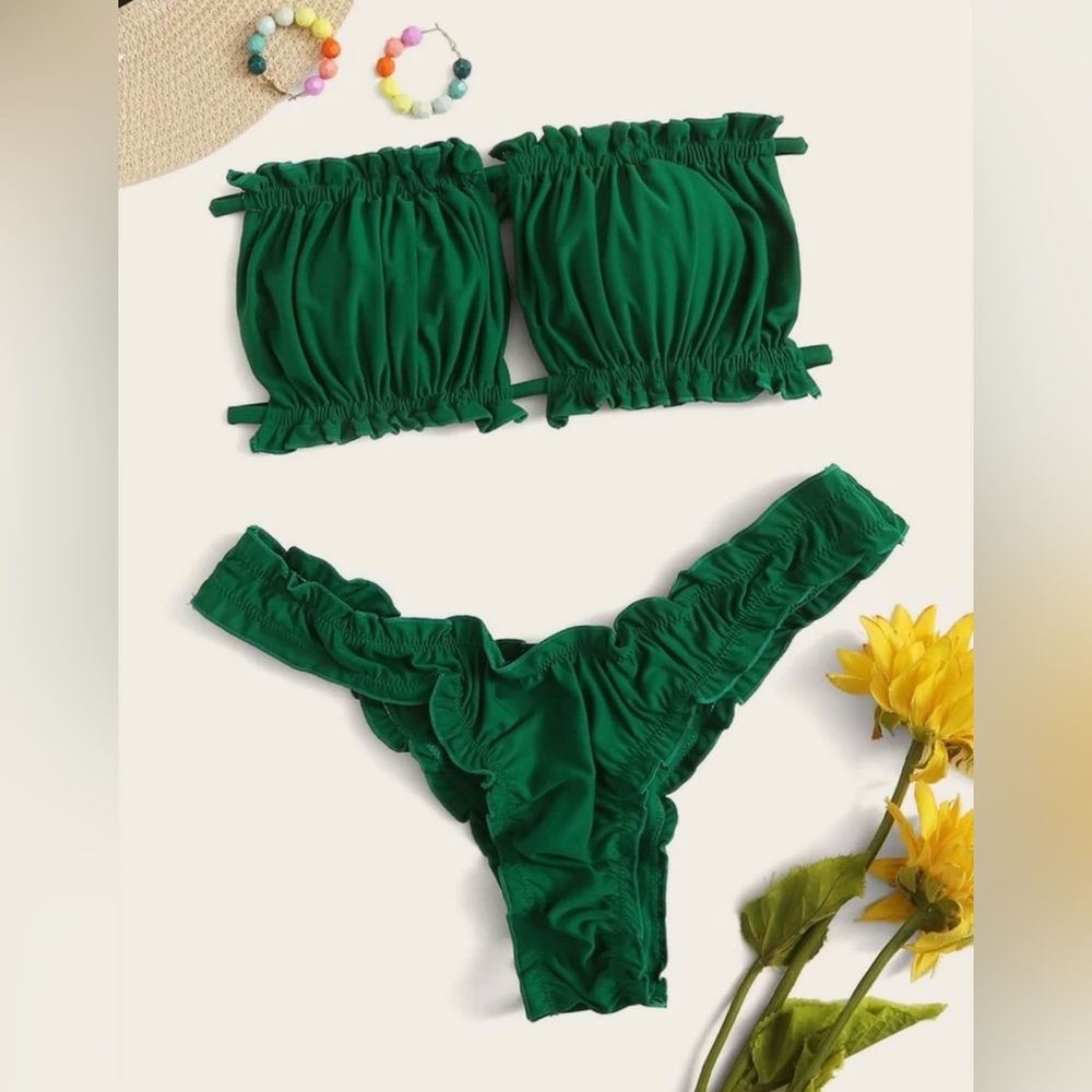 SHEIN Ruched Lettuce Trim Bandeau Bikini Swimsuit
